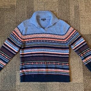 Blue striped tribal print sweater, size L